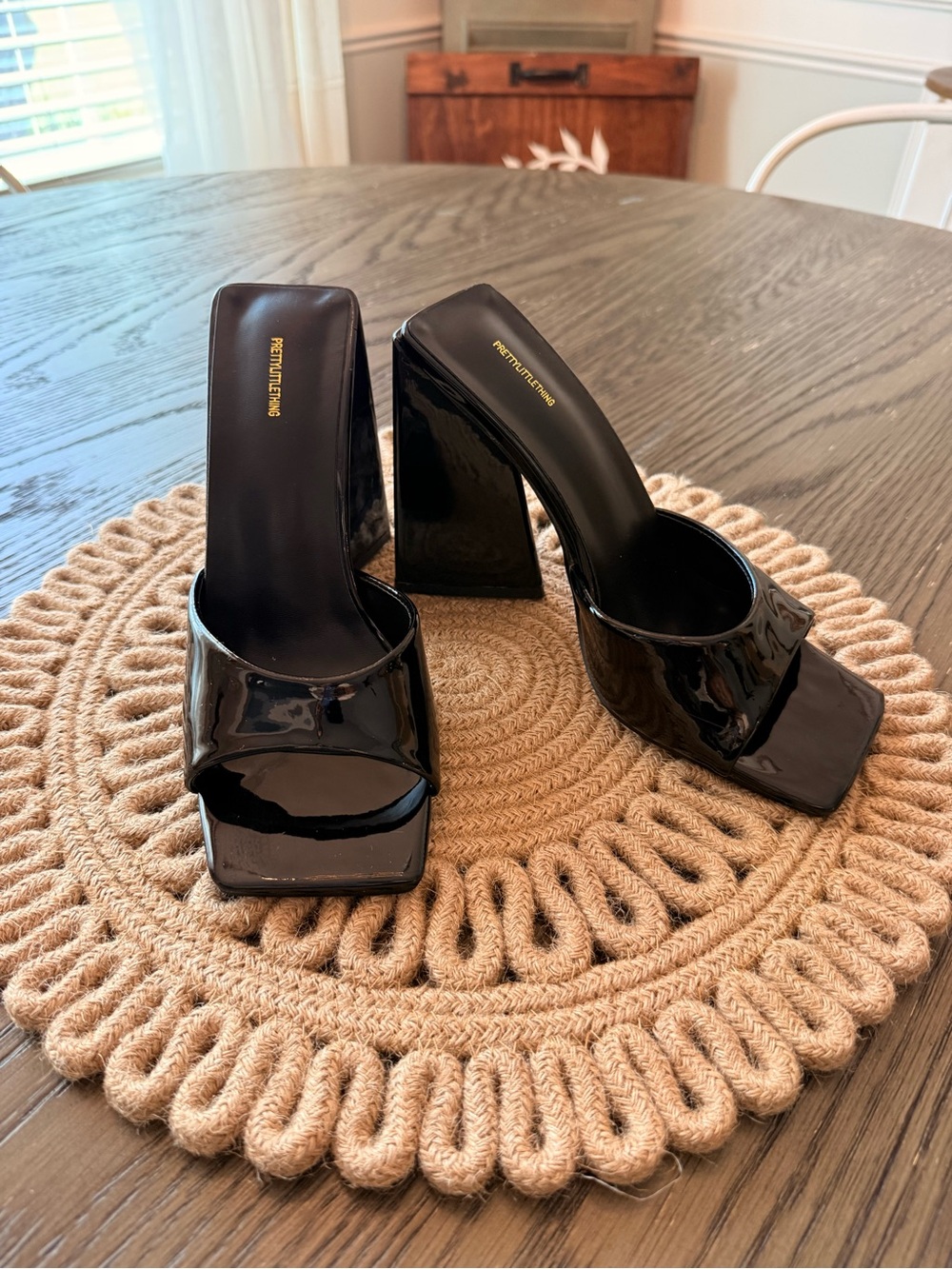 PrettyLittleThing Black Patent Triangle High Block Heel Mules.